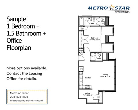 Floor plan for 1 bed, 1.5 baths, 870 sqft
